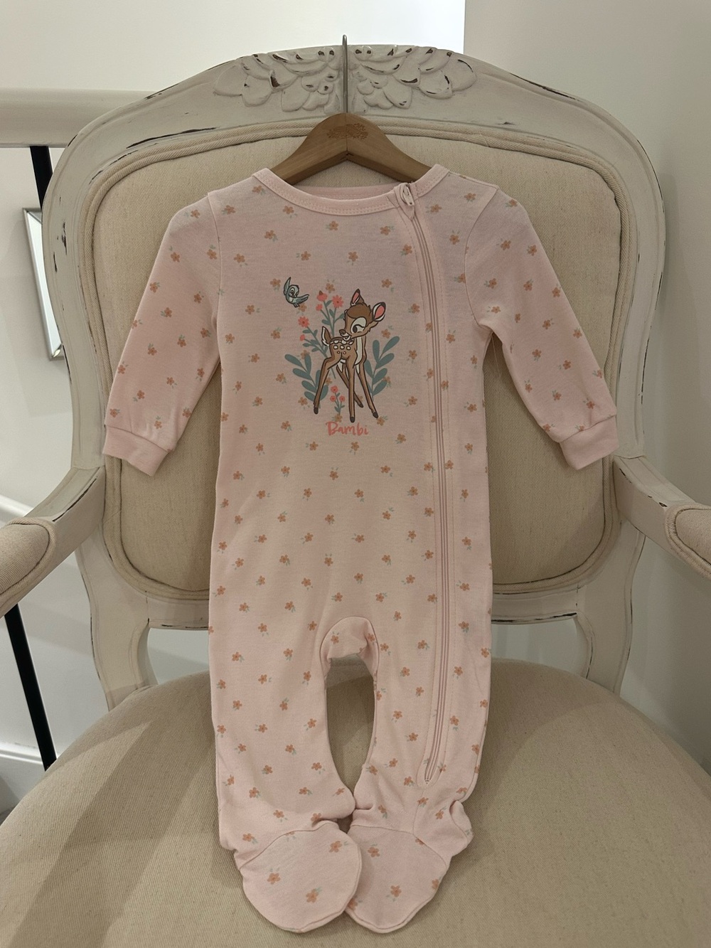 🤍 6~12 Mth Pink Disney Bambi Floral Footed One-Piece Baby Footie NWT